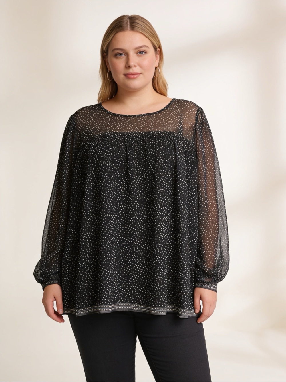MAX STUDIO Black Sheer Swiss Dot Mesh Blouse 2X Balloon Sleeve Lined